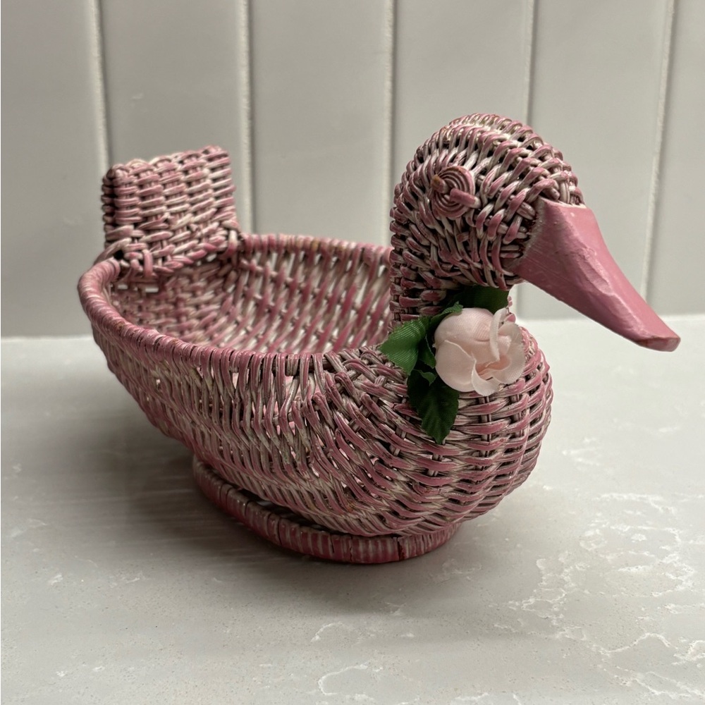 Pink Wicker Duck Basket with Flower Accent